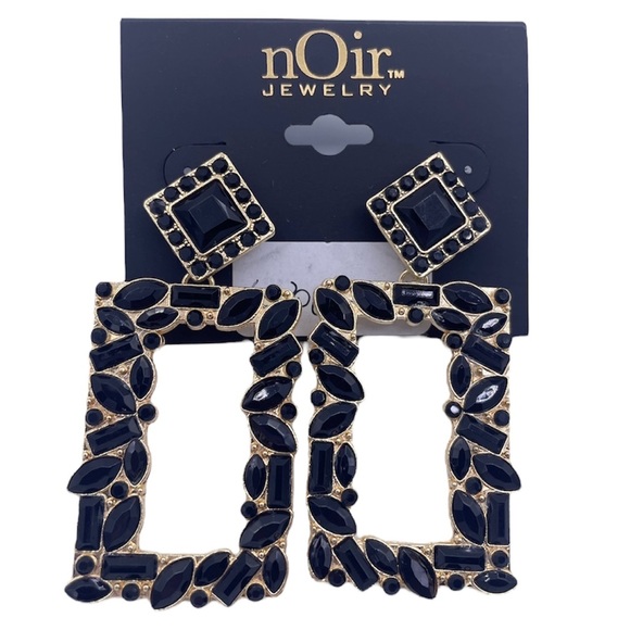 NOIR rhinestone crystal square drop dangle earrings, statement jewelry- New - Picture 1 of 11